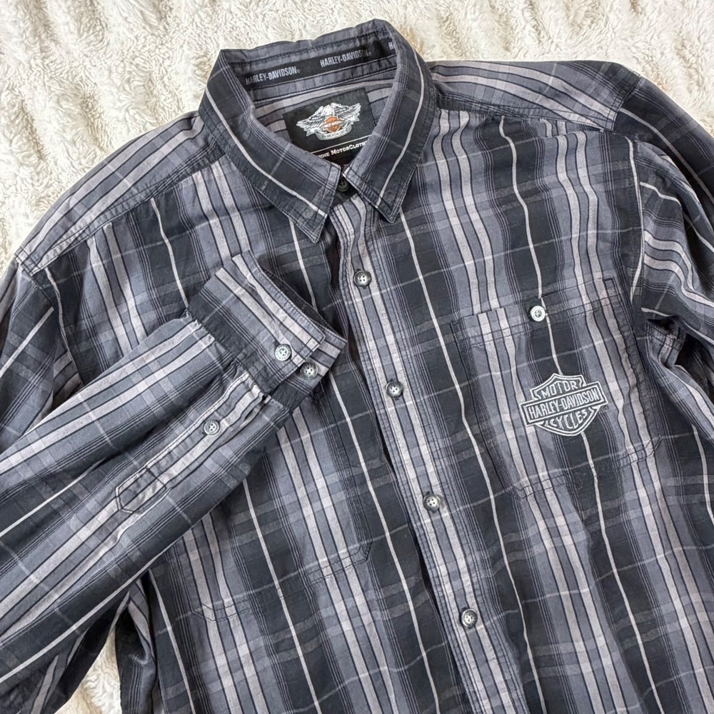 Harley-Davidson Mens XL Plaid Button Up Shirt Black Grey Embroidered Logo Cotton